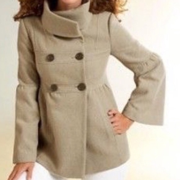 LOFT Oatmeal Bell Sleeve Empire Waisted Peacoat - Picture 4 of 11
